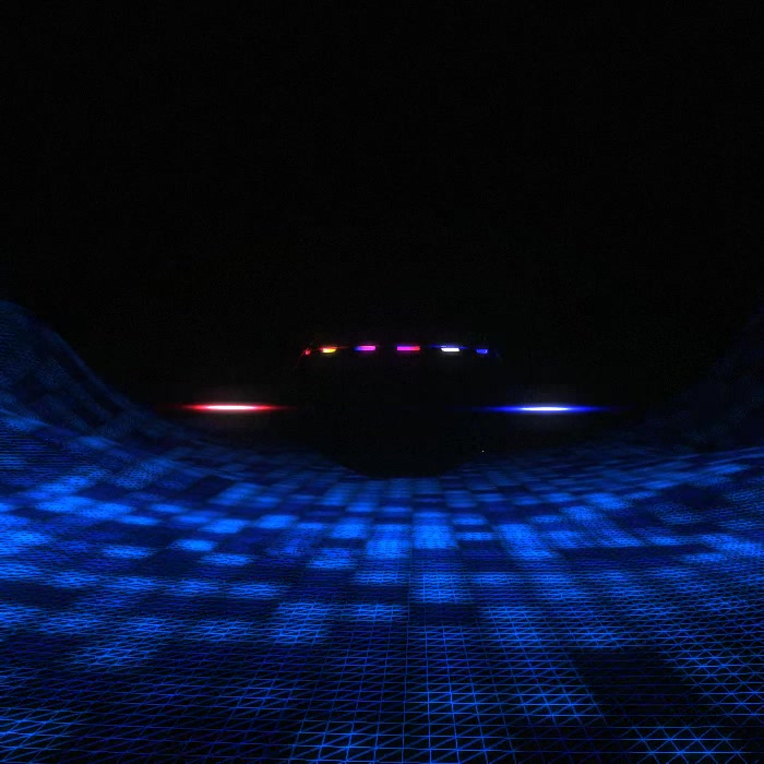 A 3D glTF UFO model flying over an audio-reactive Perlin Noise procedural terrain.