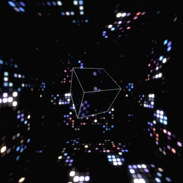 A Cube of Mirrors made with a CubeCamera reflecting a Skybox background environment composed by a Fractal Brownian Motion based shader.