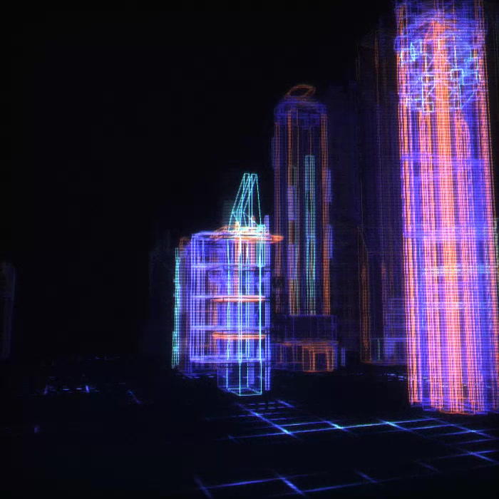 A random procedurally generated 3D city composed by glTF model instances with custom EdgesGeometry meshes and LineBasicMaterial materials.